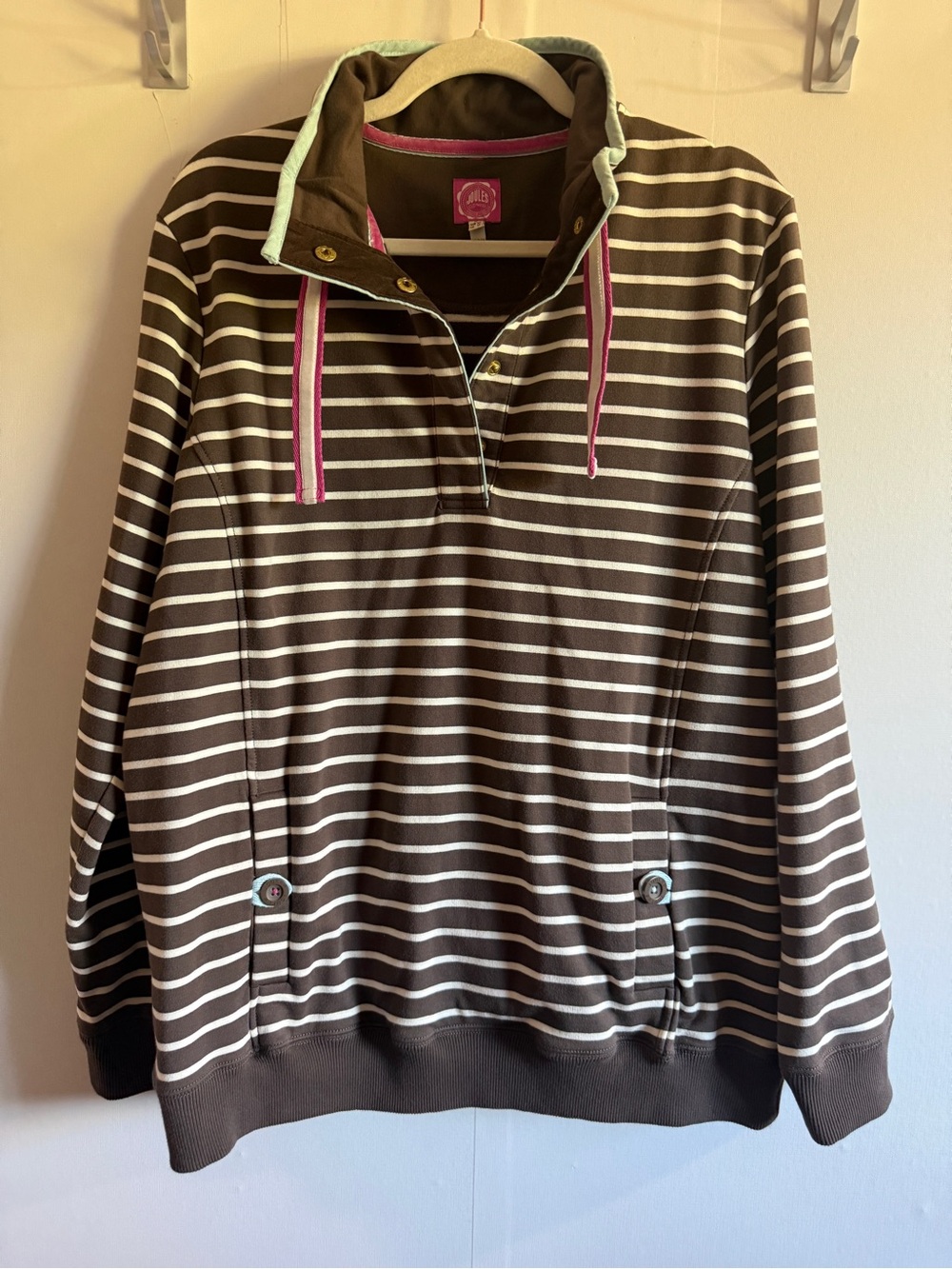 Joules Brown Cream Stripe Funnel Neck Pullover Pink Trim Size 16